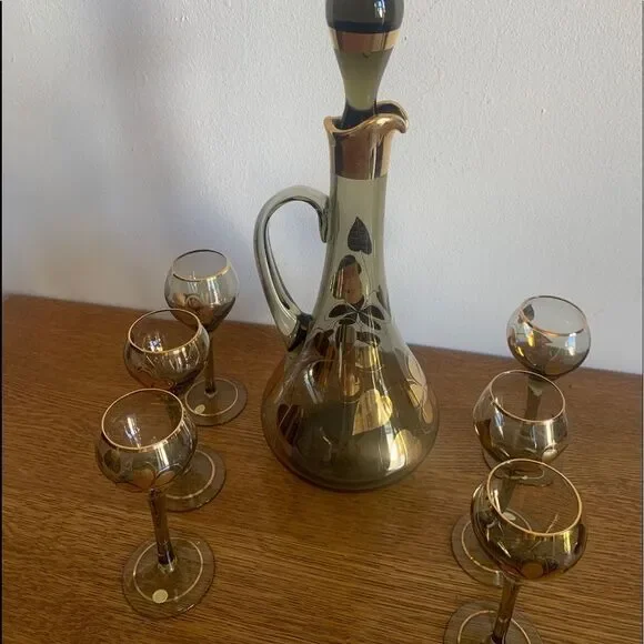 Vintage Made In Hungary ART Glass Decanter Glasses Set Hand Painted Gold Trim